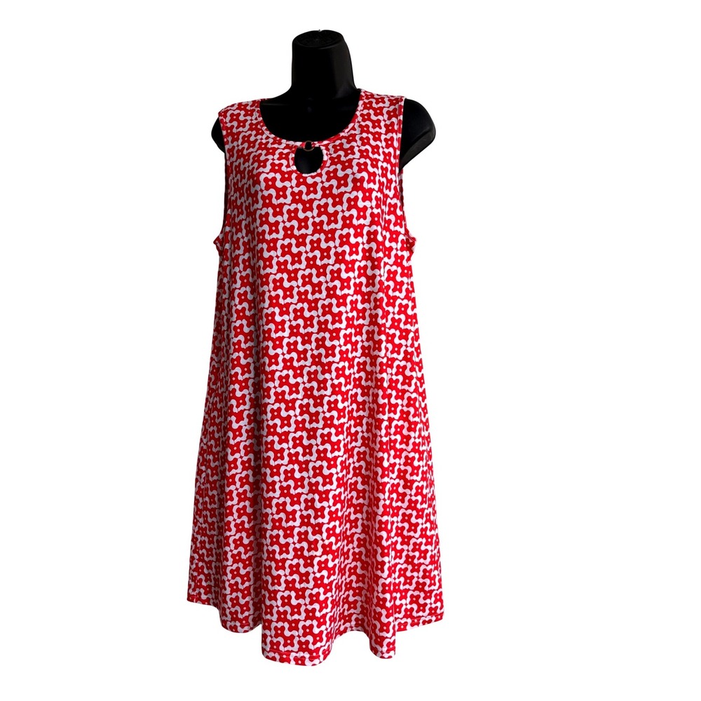 SimpleFun Womens Red‎ White Geometric Floral Keyhole O-Ring Swing Dress Size M